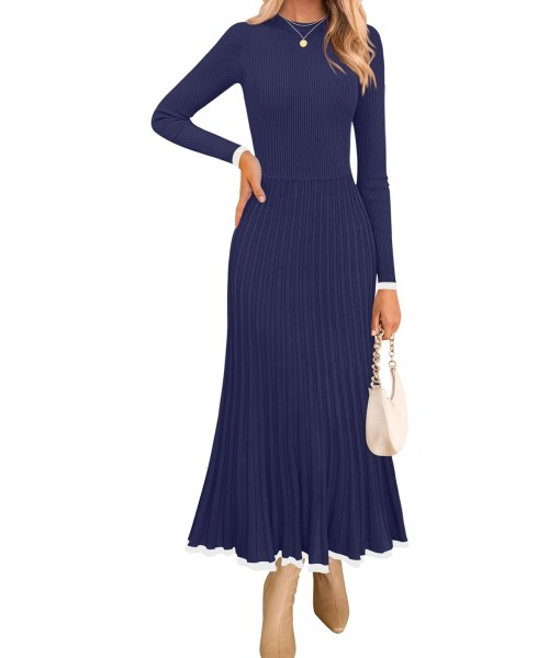 ZESICA Women's Long Sleeve Sweater Dress Fall 2025 Crewneck Ribbed Knit Pleated A-Line Maxi Wedding Guest Dresses