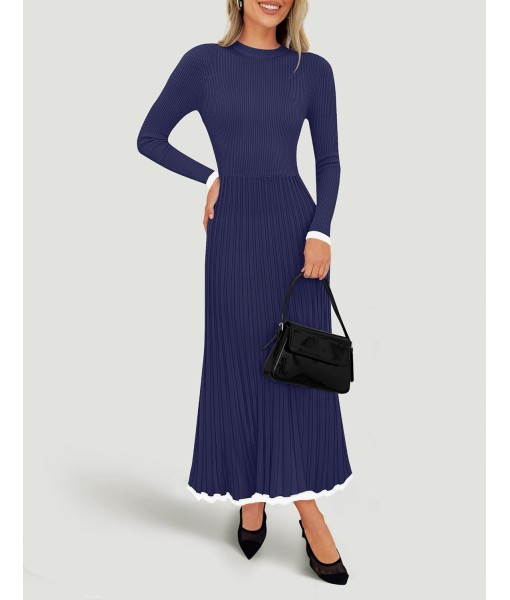 ZESICA Women's Long Sleeve Sweater Dress Fall 2025 Crewneck Ribbed Knit Pleated A-Line Maxi Wedding Guest Dresses