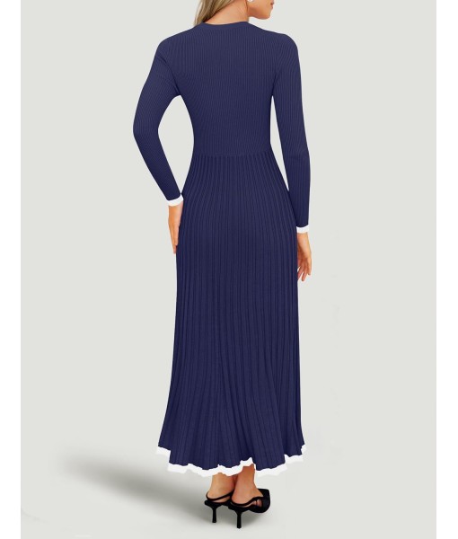 ZESICA Women's Long Sleeve Sweater Dress Fall 2025 Crewneck Ribbed Knit Pleated A-Line Maxi Wedding Guest Dresses