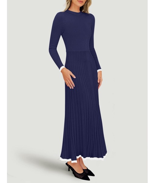 ZESICA Women's Long Sleeve Sweater Dress Fall 2025 Crewneck Ribbed Knit Pleated A-Line Maxi Wedding Guest Dresses