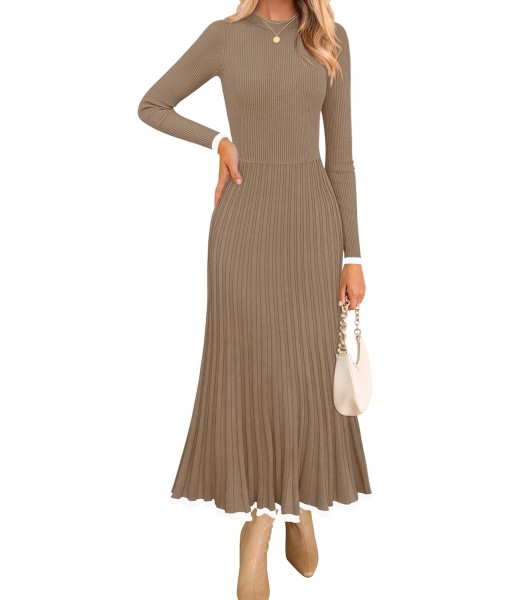 ZESICA Women's Long Sleeve Sweater Dress Fall 2025 Crewneck Ribbed Knit Pleated A-Line Maxi Wedding Guest Dresses