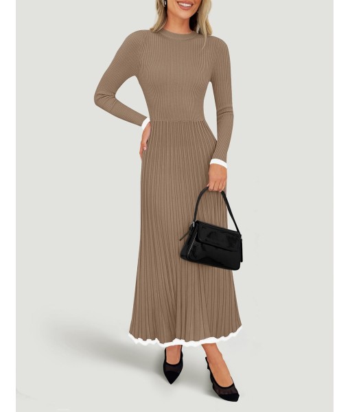 ZESICA Women's Long Sleeve Sweater Dress Fall 2025 Crewneck Ribbed Knit Pleated A-Line Maxi Wedding Guest Dresses