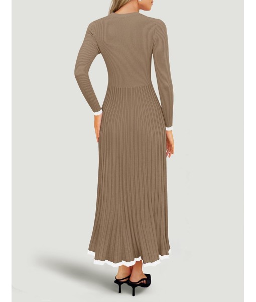 ZESICA Women's Long Sleeve Sweater Dress Fall 2025 Crewneck Ribbed Knit Pleated A-Line Maxi Wedding Guest Dresses