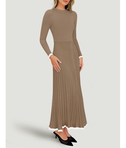 ZESICA Women's Long Sleeve Sweater Dress Fall 2025 Crewneck Ribbed Knit Pleated A-Line Maxi Wedding Guest Dresses