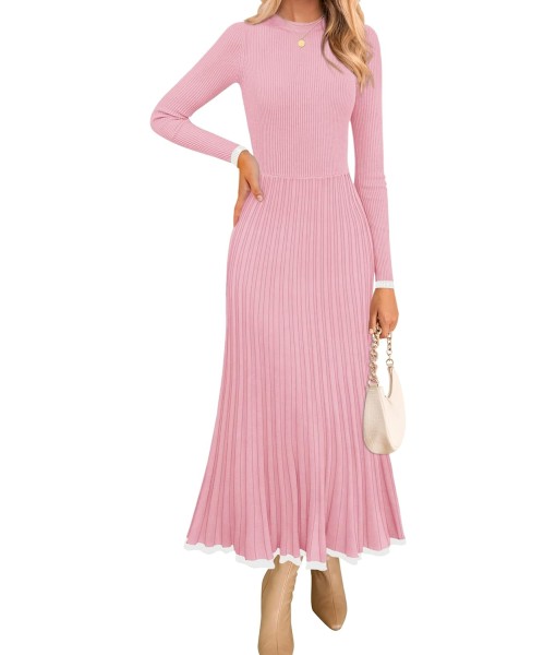 ZESICA Women's Long Sleeve Sweater Dress Fall 2025 Crewneck Ribbed Knit Pleated A-Line Maxi Wedding Guest Dresses