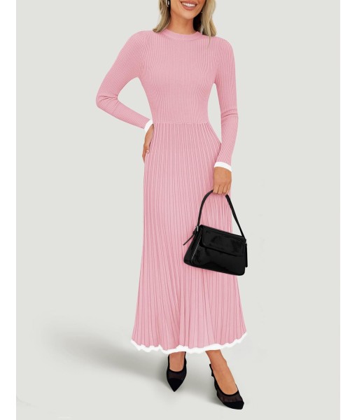 ZESICA Women's Long Sleeve Sweater Dress Fall 2025 Crewneck Ribbed Knit Pleated A-Line Maxi Wedding Guest Dresses