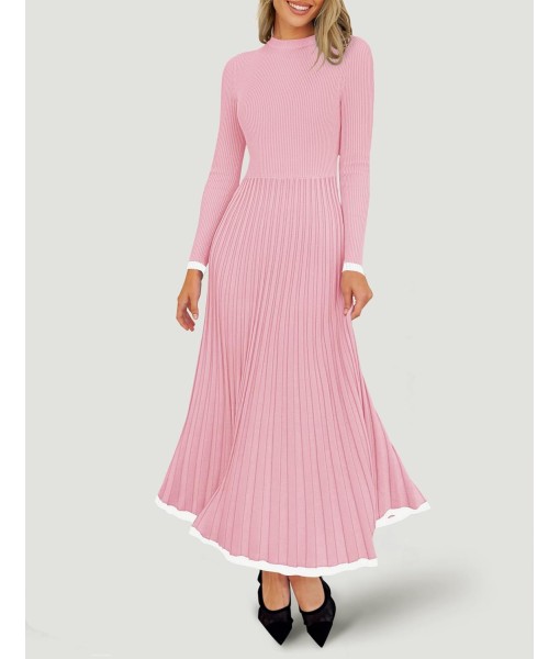 ZESICA Women's Long Sleeve Sweater Dress Fall 2025 Crewneck Ribbed Knit Pleated A-Line Maxi Wedding Guest Dresses