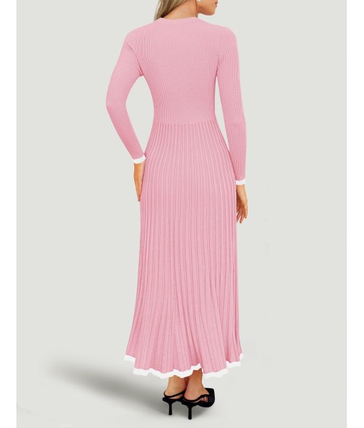 ZESICA Women's Long Sleeve Sweater Dress Fall 2025 Crewneck Ribbed Knit Pleated A-Line Maxi Wedding Guest Dresses