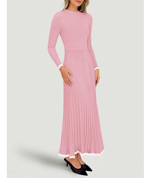 ZESICA Women's Long Sleeve Sweater Dress Fall 2025 Crewneck Ribbed Knit Pleated A-Line Maxi Wedding Guest Dresses