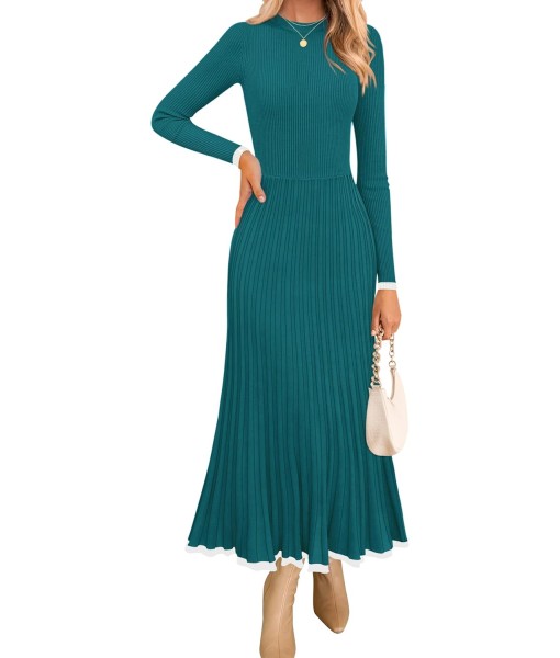 ZESICA Women's Long Sleeve Sweater Dress Fall 2025 Crewneck Ribbed Knit Pleated A-Line Maxi Wedding Guest Dresses
