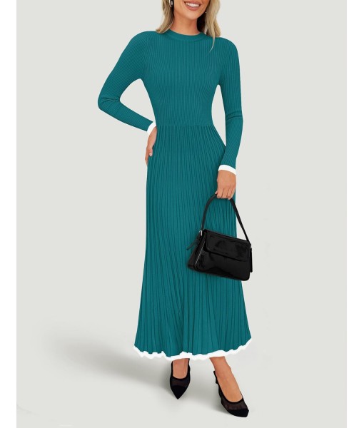 ZESICA Women's Long Sleeve Sweater Dress Fall 2025 Crewneck Ribbed Knit Pleated A-Line Maxi Wedding Guest Dresses