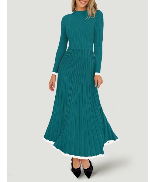 ZESICA Women's Long Sleeve Sweater Dress Fall 2025 Crewneck Ribbed Knit Pleated A-Line Maxi Wedding Guest Dresses