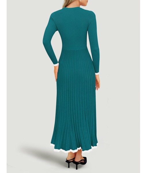 ZESICA Women's Long Sleeve Sweater Dress Fall 2025 Crewneck Ribbed Knit Pleated A-Line Maxi Wedding Guest Dresses