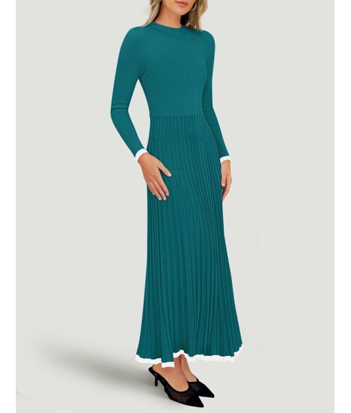 ZESICA Women's Long Sleeve Sweater Dress Fall 2025 Crewneck Ribbed Knit Pleated A-Line Maxi Wedding Guest Dresses