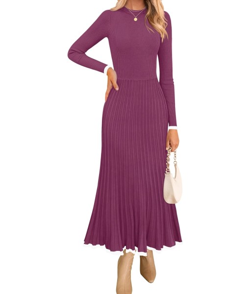 ZESICA Women's Long Sleeve Sweater Dress Fall 2025 Crewneck Ribbed Knit Pleated A-Line Maxi Wedding Guest Dresses