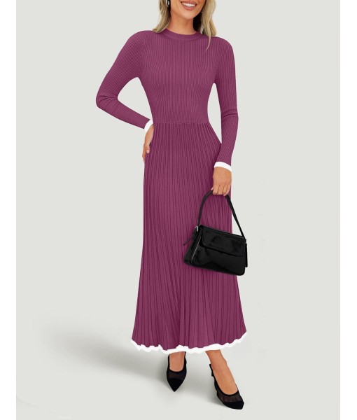 ZESICA Women's Long Sleeve Sweater Dress Fall 2025 Crewneck Ribbed Knit Pleated A-Line Maxi Wedding Guest Dresses