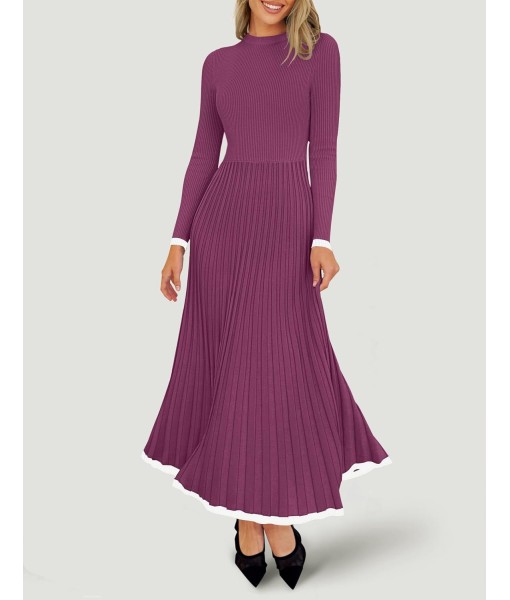 ZESICA Women's Long Sleeve Sweater Dress Fall 2025 Crewneck Ribbed Knit Pleated A-Line Maxi Wedding Guest Dresses