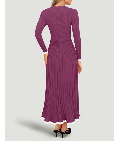 ZESICA Women's Long Sleeve Sweater Dress Fall 2025 Crewneck Ribbed Knit Pleated A-Line Maxi Wedding Guest Dresses