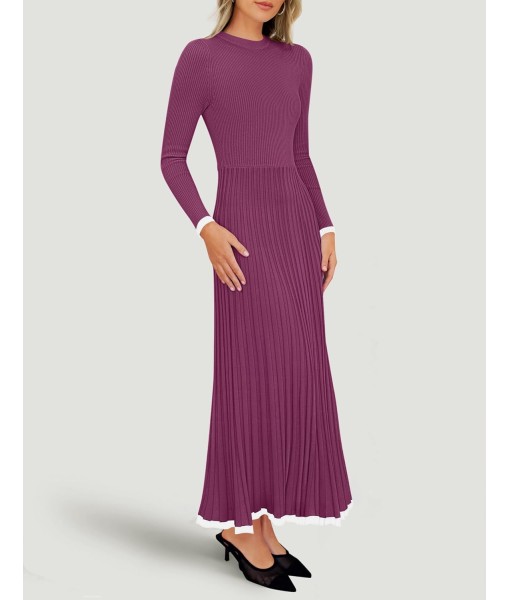 ZESICA Women's Long Sleeve Sweater Dress Fall 2025 Crewneck Ribbed Knit Pleated A-Line Maxi Wedding Guest Dresses