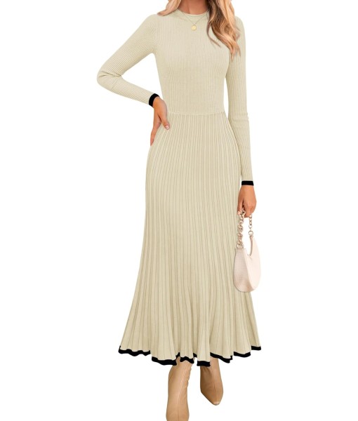 ZESICA Women's Long Sleeve Sweater Dress Fall 2025 Crewneck Ribbed Knit Pleated A-Line Maxi Wedding Guest Dresses