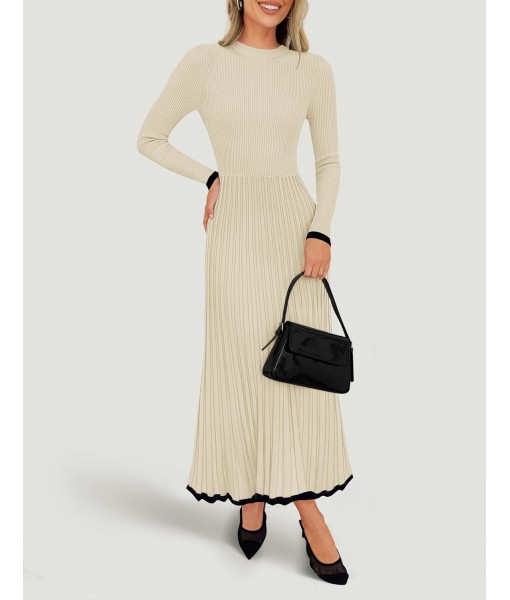 ZESICA Women's Long Sleeve Sweater Dress Fall 2025 Crewneck Ribbed Knit Pleated A-Line Maxi Wedding Guest Dresses