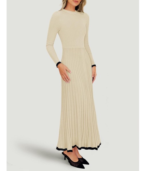 ZESICA Women's Long Sleeve Sweater Dress Fall 2025 Crewneck Ribbed Knit Pleated A-Line Maxi Wedding Guest Dresses