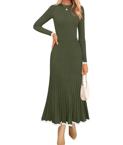 ZESICA Women's Long Sleeve Sweater Dress Fall 2025 Crewneck Ribbed Knit Pleated A-Line Maxi Wedding Guest Dresses