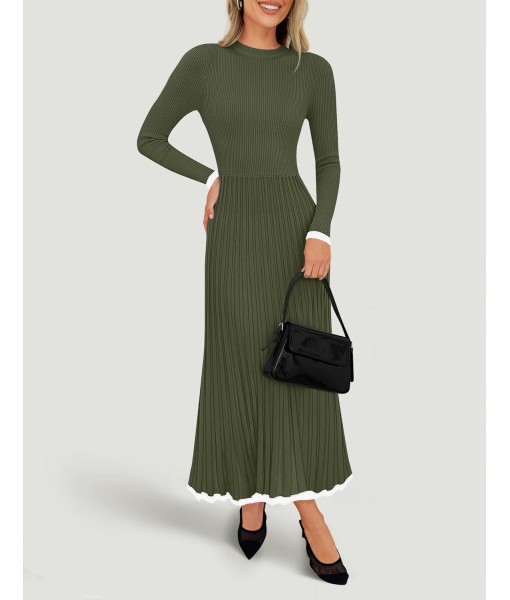 ZESICA Women's Long Sleeve Sweater Dress Fall 2025 Crewneck Ribbed Knit Pleated A-Line Maxi Wedding Guest Dresses