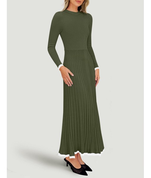 ZESICA Women's Long Sleeve Sweater Dress Fall 2025 Crewneck Ribbed Knit Pleated A-Line Maxi Wedding Guest Dresses