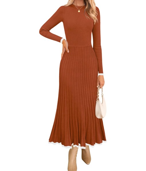 ZESICA Women's Long Sleeve Sweater Dress Fall 2025 Crewneck Ribbed Knit Pleated A-Line Maxi Wedding Guest Dresses