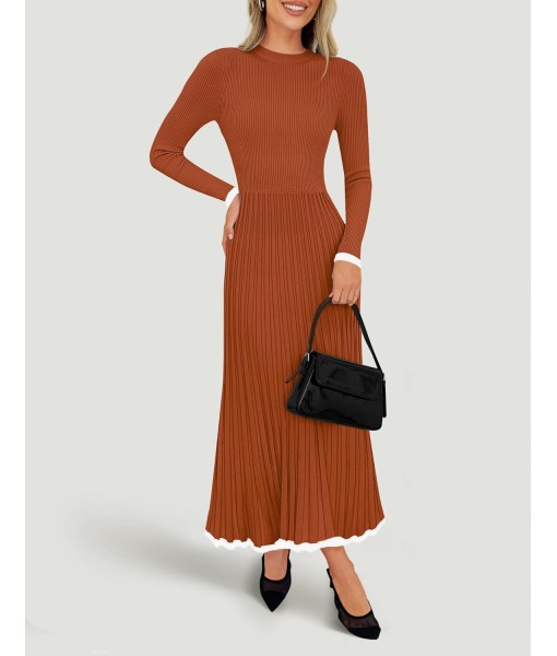 ZESICA Women's Long Sleeve Sweater Dress Fall 2025 Crewneck Ribbed Knit Pleated A-Line Maxi Wedding Guest Dresses