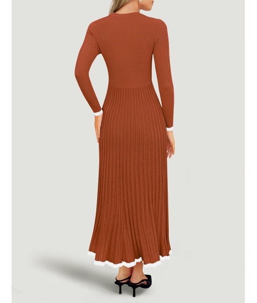 ZESICA Women's Long Sleeve Sweater Dress Fall 2025 Crewneck Ribbed Knit Pleated A-Line Maxi Wedding Guest Dresses