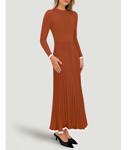 ZESICA Women's Long Sleeve Sweater Dress Fall 2025 Crewneck Ribbed Knit Pleated A-Line Maxi Wedding Guest Dresses