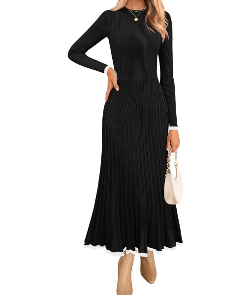 ZESICA Women's Long Sleeve Sweater Dress Fall 2025 Crewneck Ribbed Knit Pleated A-Line Maxi Wedding Guest Dresses
