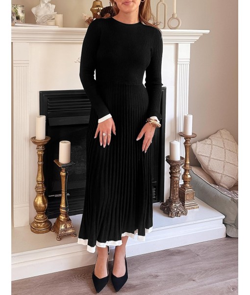 ZESICA Women's Long Sleeve Sweater Dress Fall 2025 Crewneck Ribbed Knit Pleated A-Line Maxi Wedding Guest Dresses
