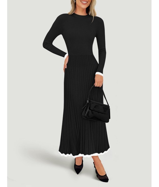 ZESICA Women's Long Sleeve Sweater Dress Fall 2025 Crewneck Ribbed Knit Pleated A-Line Maxi Wedding Guest Dresses
