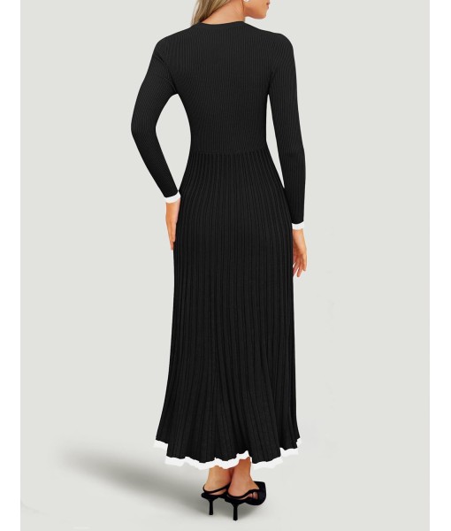 ZESICA Women's Long Sleeve Sweater Dress Fall 2025 Crewneck Ribbed Knit Pleated A-Line Maxi Wedding Guest Dresses
