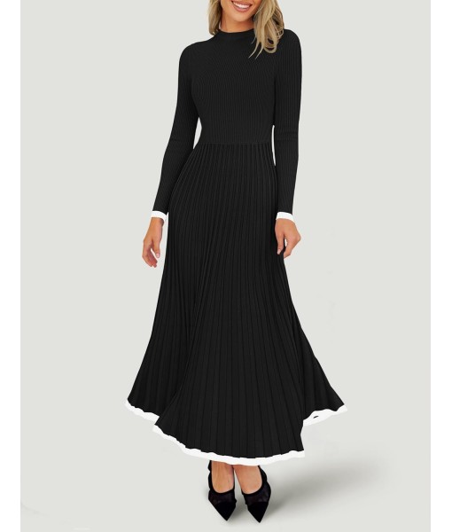 ZESICA Women's Long Sleeve Sweater Dress Fall 2025 Crewneck Ribbed Knit Pleated A-Line Maxi Wedding Guest Dresses