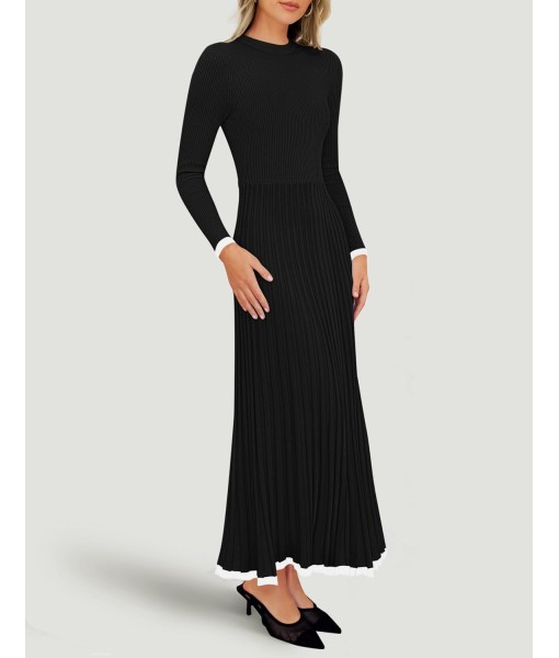 ZESICA Women's Long Sleeve Sweater Dress Fall 2025 Crewneck Ribbed Knit Pleated A-Line Maxi Wedding Guest Dresses