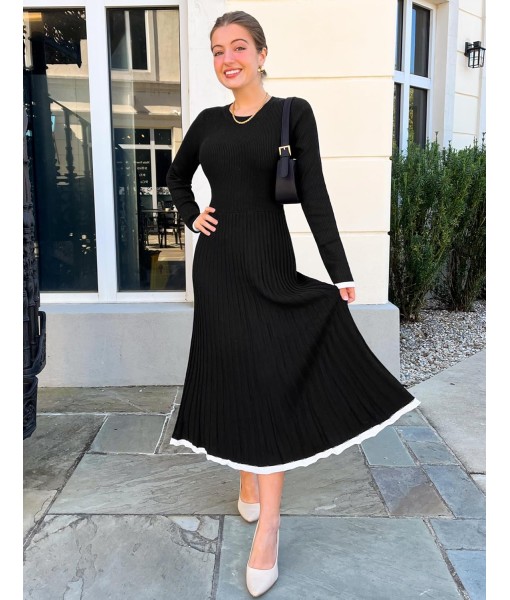 ZESICA Women's Long Sleeve Sweater Dress Fall 2025 Crewneck Ribbed Knit Pleated A-Line Maxi Wedding Guest Dresses