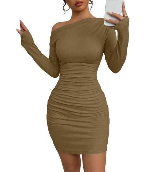 Acelitt Fall Off The Shoulder Dresses for Women 2025 Long Sleeve Ruched Bodycon Cocktail Party Mini Dress