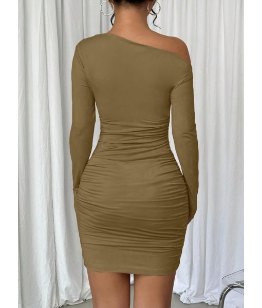 Acelitt Fall Off The Shoulder Dresses for Women 2025 Long Sleeve Ruched Bodycon Cocktail Party Mini Dress