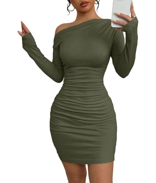 Acelitt Fall Off The Shoulder Dresses for Women 2025 Long Sleeve Ruched Bodycon Cocktail Party Mini Dress