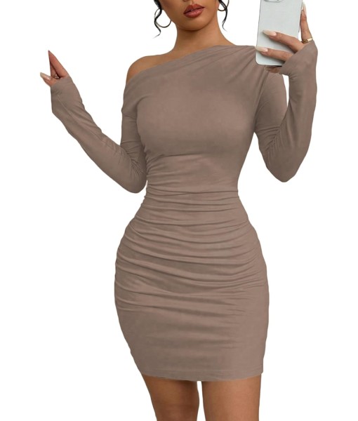 Acelitt Fall Off The Shoulder Dresses for Women 2025 Long Sleeve Ruched Bodycon Cocktail Party Mini Dress