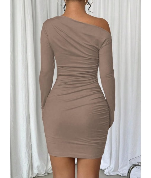Acelitt Fall Off The Shoulder Dresses for Women 2025 Long Sleeve Ruched Bodycon Cocktail Party Mini Dress