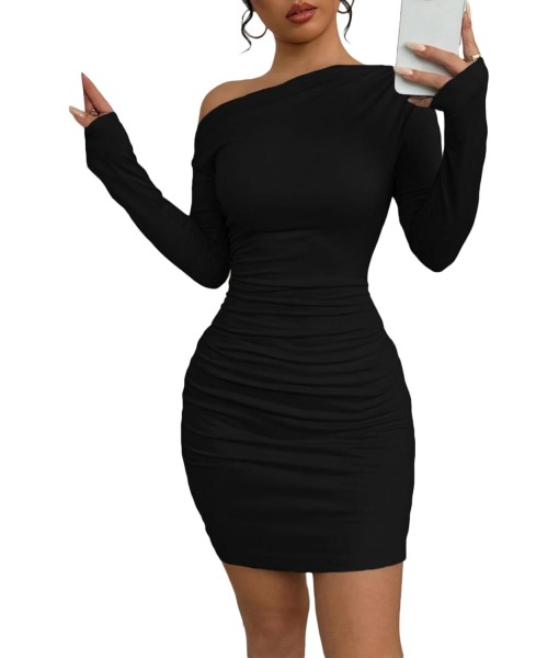 Acelitt Fall Off The Shoulder Dresses for Women 2025 Long Sleeve Ruched Bodycon Cocktail Party Mini Dress