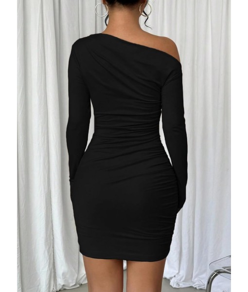 Acelitt Fall Off The Shoulder Dresses for Women 2025 Long Sleeve Ruched Bodycon Cocktail Party Mini Dress