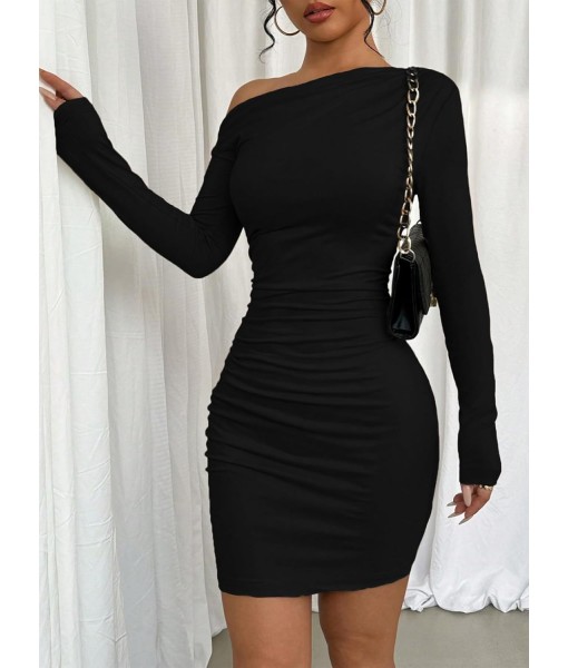 Acelitt Fall Off The Shoulder Dresses for Women 2025 Long Sleeve Ruched Bodycon Cocktail Party Mini Dress