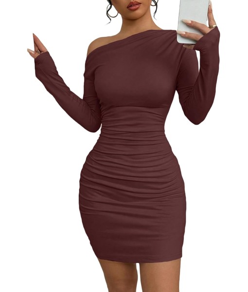 Acelitt Fall Off The Shoulder Dresses for Women 2025 Long Sleeve Ruched Bodycon Cocktail Party Mini Dress