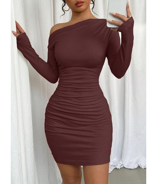 Acelitt Fall Off The Shoulder Dresses for Women 2025 Long Sleeve Ruched Bodycon Cocktail Party Mini Dress